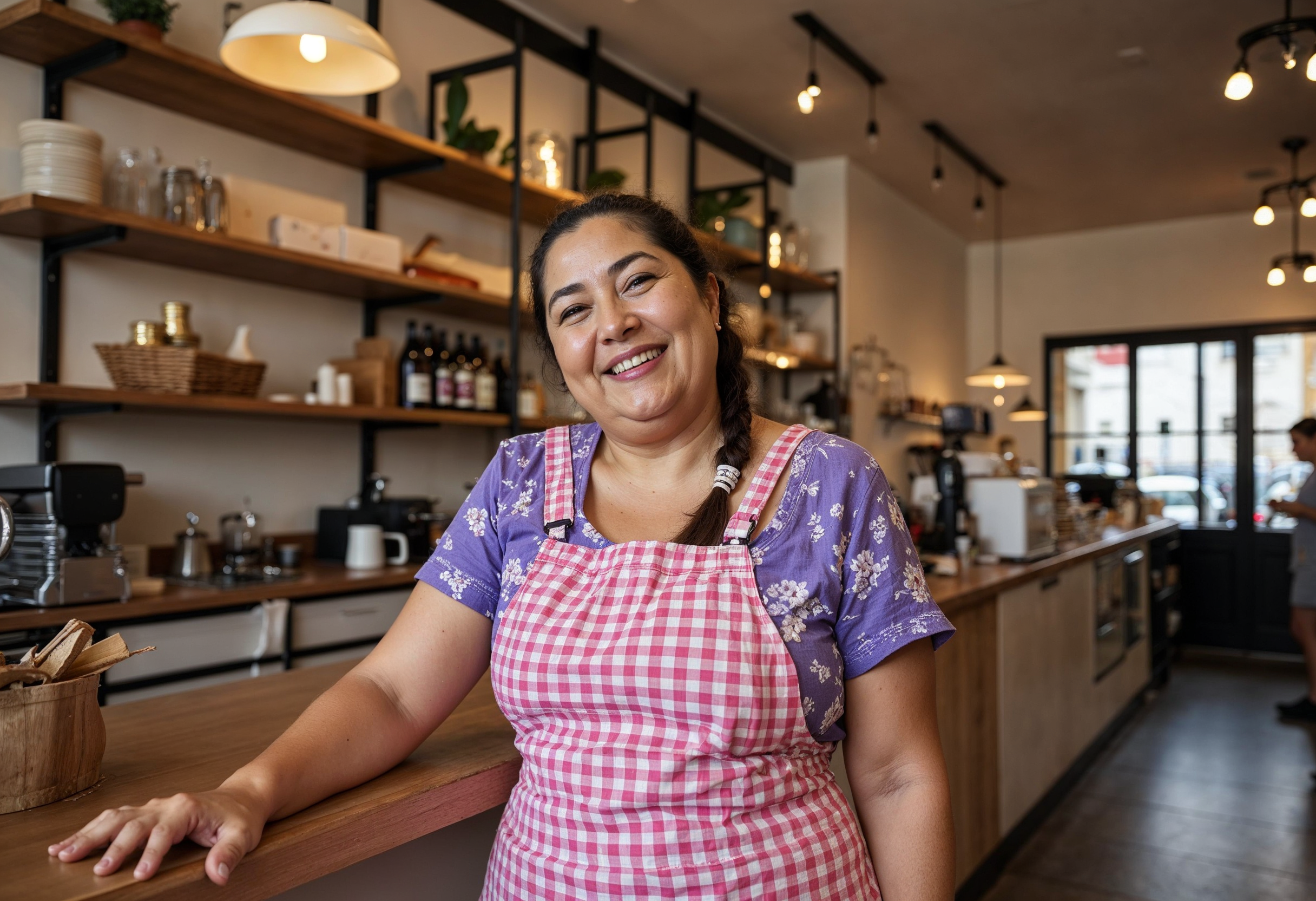 Mujer sonríe en su cafetería porque pudo cumplir su sueño gracias al crédito grupal de SOFIPA