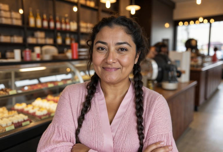 Mujer emprendedora en sus 40s sonríe de frente a la cámara porque ahora tiene su propia tienda de postres gracias al Crédito Grupal SOFIPA