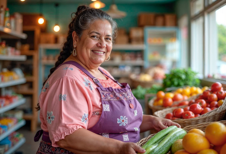 Mujer emprendedora de la tercera edad sonríe porque pudo poner su tienda de abarrotes.