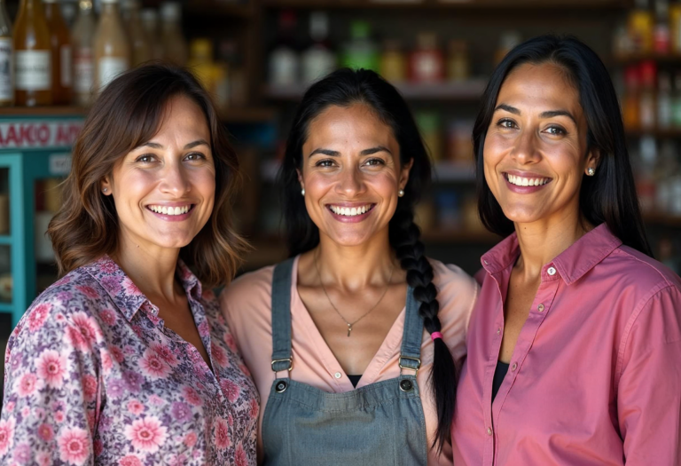 Mujeres sonríen de frente a la cámara porque ha sido aprobado su crédito grupal y ahora podrán poner sus propios negocios.